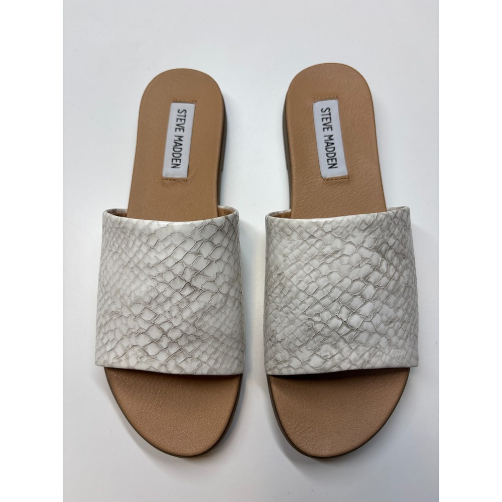 Steve Madden Slide Sandals Karolyn White Tan Croc Print Faux Leather Slip On